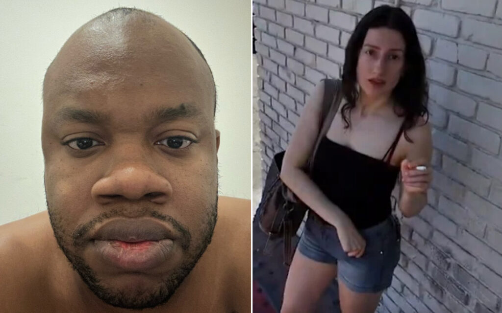 Split image: left side is a close-up portrait of a bald Black man with a short beard looking at the camera; right side shows a woman leaning against a brick wall, wearing a black tank top and denim shorts, holding a cigarette and a bag over her shoulder.
