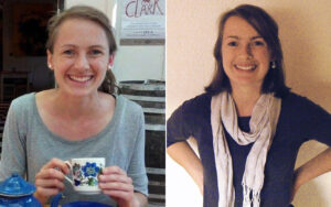 Side-by-side photos of a smiling woman: left outdoors holding a floral mug, right indoors with a scarf and hands on hips.