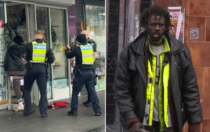 Split image: left side shows two police officers detaining a person outside a shop; a red bag lies on the pavement. Right side shows a man in a bright neon-yellow jacket walking on a street.