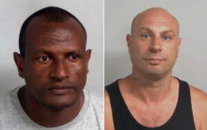 Two side-by-side mugshots: left is a dark-skinned man in a gray shirt, right is a bald light-skinned man in a black tank top with a neck tattoo.
