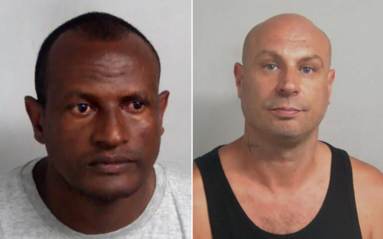 Two side-by-side mugshots: left is a dark-skinned man in a gray shirt, right is a bald light-skinned man in a black tank top with a neck tattoo.