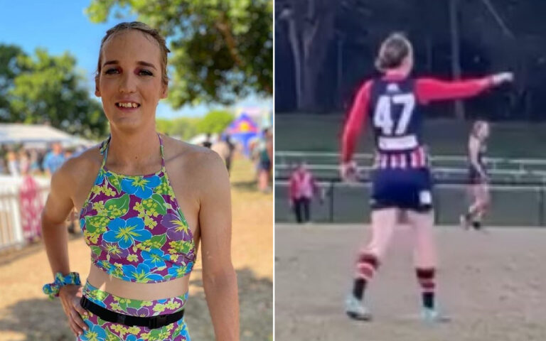 Left: smiling woman in a colorful tropical floral halter top at an outdoor event; right: athlete in red and blue with number 47 on a sports field.