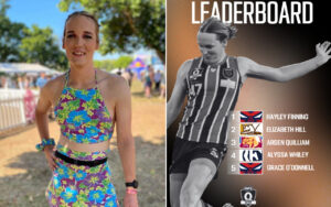 Left: woman in a bright floral two-piece at an outdoor event; right: sports leaderboard with an athlete and the top five names: Hayley Finning, Elizabeth Hill, Arden Quilliam, Alyssa Whiley, Grace O'Donnell.