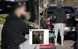Two men near a dark SUV with one officer gesturing toward the vehicle; faces are blurred.