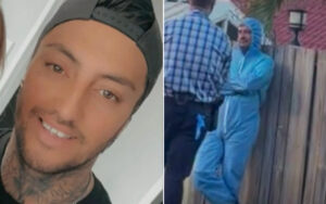 Two-panel image: left is a close-up of a smiling man wearing a backward gray cap; right shows a man in a light blue protective suit leaning against a wooden fence while others talk nearby.