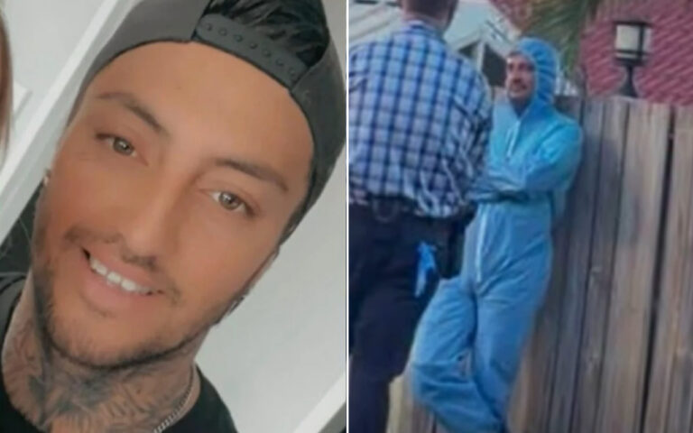 Two-panel image: left is a close-up of a smiling man wearing a backward gray cap; right shows a man in a light blue protective suit leaning against a wooden fence while others talk nearby.