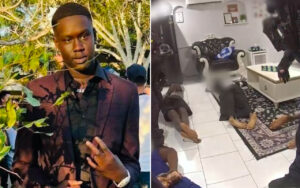 Two-panel image: left shows a man in a burgundy suit posing outdoors; right shows people lying on a tiled living room floor, blurred scene with a person standing nearby.