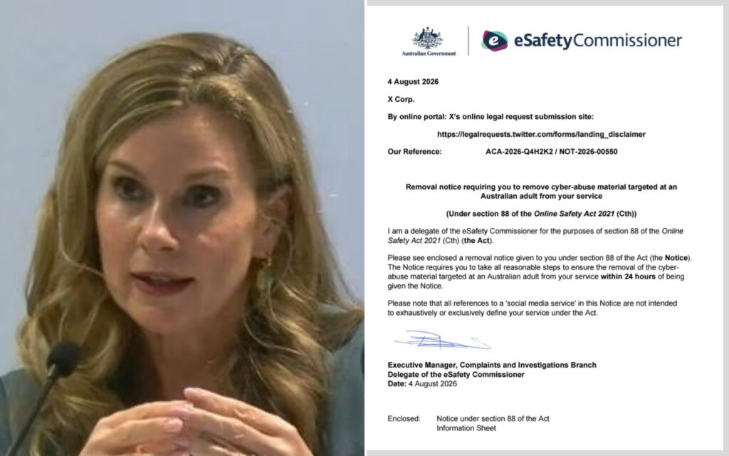 Woman speaking into a microphone beside a formal notice from the Australian eSafety Commissioner on a page to her right.