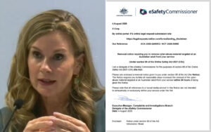 Woman speaking into a microphone beside a formal notice from the Australian eSafety Commissioner on a page to her right.