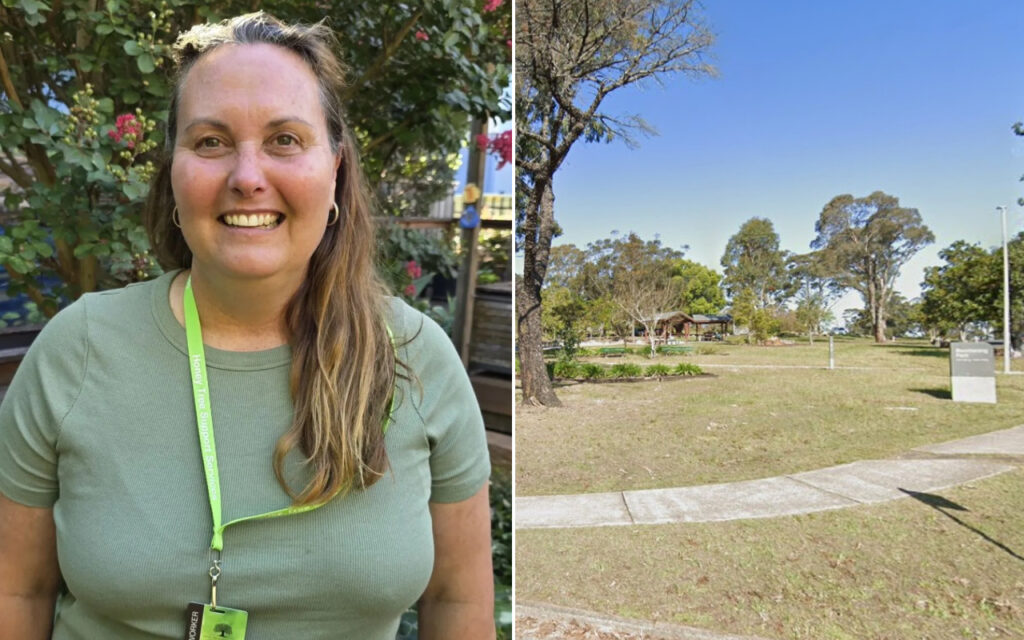Split image: left side shows a smiling woman with long hair wearing a green shirt and a bright green lanyard; right side shows an open park with trees, a paved path, and a sign under a blue sky.