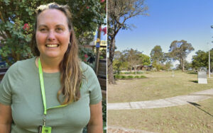 Split image: left side shows a smiling woman with long hair wearing a green shirt and a bright green lanyard; right side shows an open park with trees, a paved path, and a sign under a blue sky.