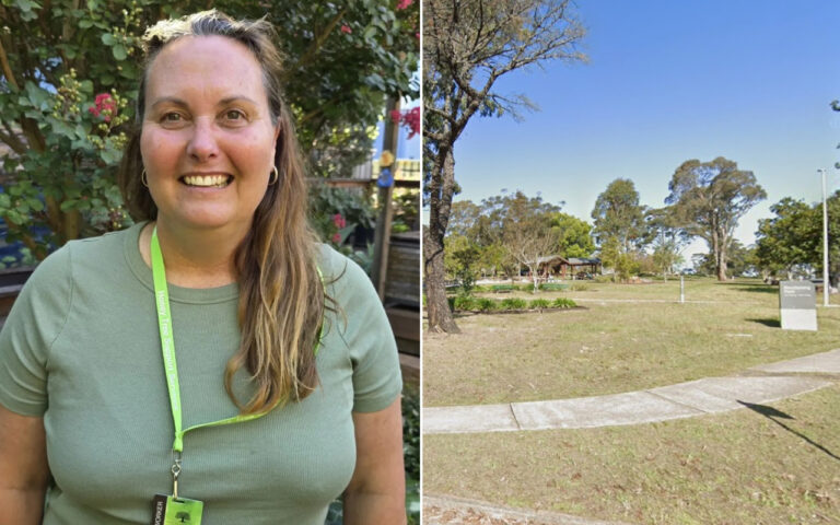 Split image: left side shows a smiling woman with long hair wearing a green shirt and a bright green lanyard; right side shows an open park with trees, a paved path, and a sign under a blue sky.