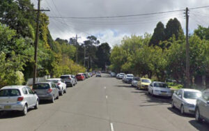 Residential street with cars parked along both sides and green trees lining the sidewalks; overcast sky and utility poles visible.