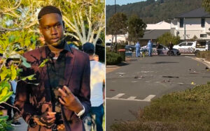 Left: man in a burgundy blazer posing near greenery; right: crime-scene street with investigators in blue suits and police vehicles.
