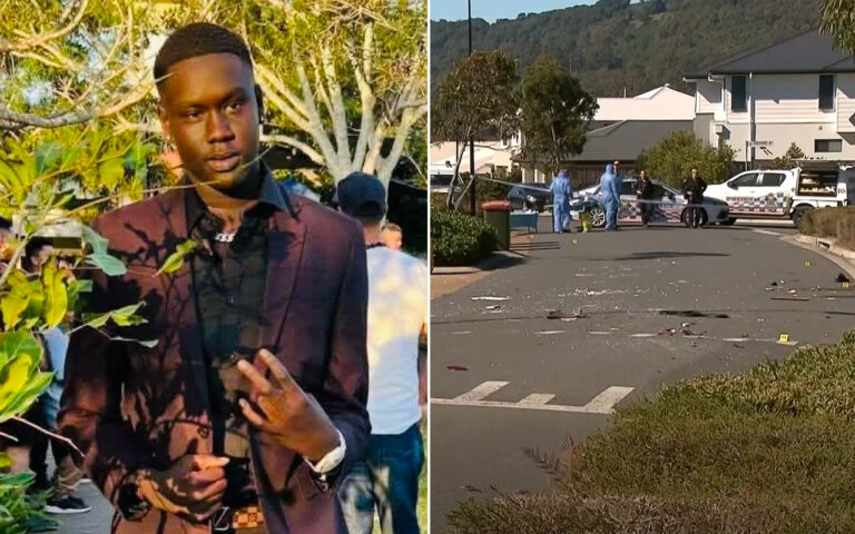 Left: man in a burgundy blazer posing near greenery; right: crime-scene street with investigators in blue suits and police vehicles.