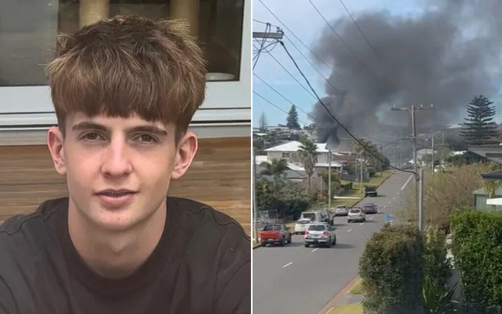 Two-panel image: left shows a young man with brown hair in a black shirt, right shows a suburban street with parked cars and thick black smoke rising from a fire in the distance.