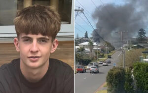 Two-panel image: left shows a young man with brown hair in a black shirt, right shows a suburban street with parked cars and thick black smoke rising from a fire in the distance.