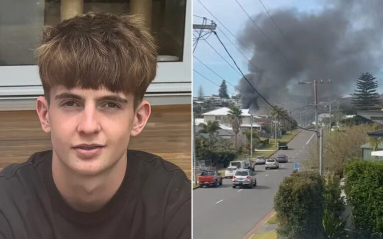 Two-panel image: left shows a young man with brown hair in a black shirt, right shows a suburban street with parked cars and thick black smoke rising from a fire in the distance.