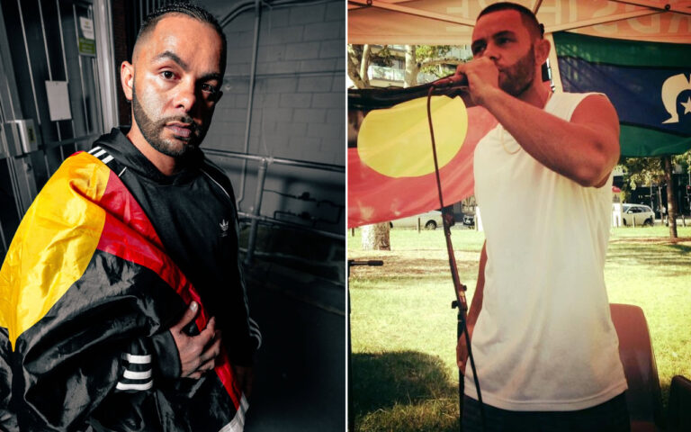 Two men shown side by side: left a man with a flag draped over his shoulder, right a man singing into a microphone at an outdoor event.