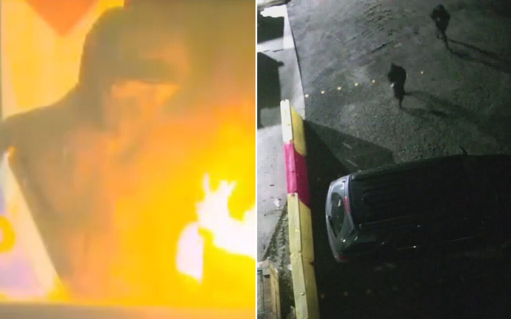 Left: a person in protective gear near a bright orange glow; right: a car parked at night beside a yellow curb in a dark lot.