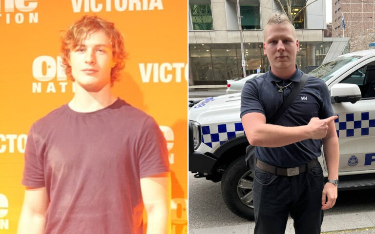 Split image: left a young man in a purple T‑shirt against an orange backdrop; right a police officer beside a marked SUV in a city street.