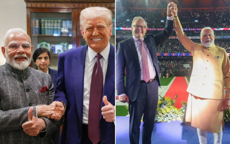 Split image: Narendra Modi with Donald Trump shaking hands and giving thumbs up on the left; on the right, Modi and a suited man raising their clasped hands in celebration at a packed stadium.