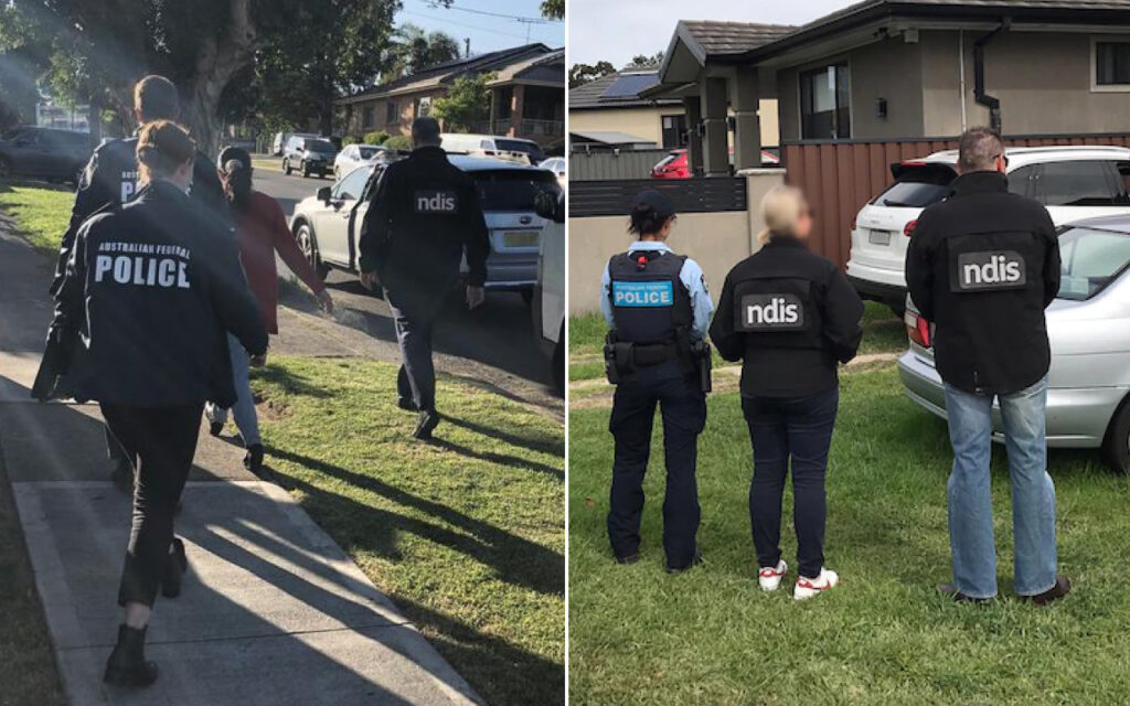 Two-panel image: left shows police officers escorting a person along a residential street; right shows two officers wearing 'ndis' patches talking to two civilians in a yard near parked cars.