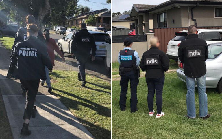 Two-panel image: left shows police officers escorting a person along a residential street; right shows two officers wearing 'ndis' patches talking to two civilians in a yard near parked cars.