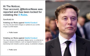 Split image: left shows a mock account lock notification for violating X Rules; right shows a man in a dark suit at a formal event.