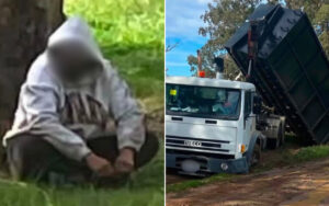 Left: person in a light hoodie sitting on grass with a blurred face; Right: white Iveco dump truck with its bed raised on a dirt road.