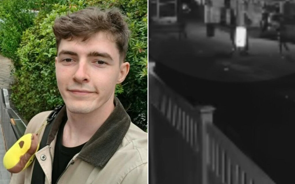 Side-by-side image: a young man outdoors taking a selfie with green bushes in the background; right panel shows a nighttime black-and-white urban street scene with a fence and lampposts.