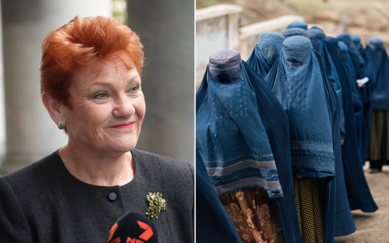 Left: smiling older woman with short red hair in a dark blazer and floral brooch; right: line of women in blue veils standing outdoors.