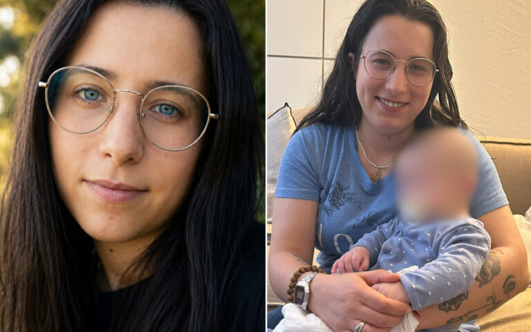 Two side-by-side photos: on the left a woman with round glasses and blue eyes; on the right the same woman smiling while holding a blurred baby.