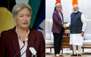 Composite image: left panel shows a woman with short gray hair speaking at microphones in a burgundy blazer; right panel shows a woman in a purple blazer shaking hands with Indian Prime Minister Narendra Modi in a formal room with flags in the background.