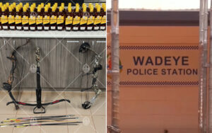 Split image: left side shows bows and arrows on display in a shop; right side shows a Wadeye Police Station sign on an orange wall.