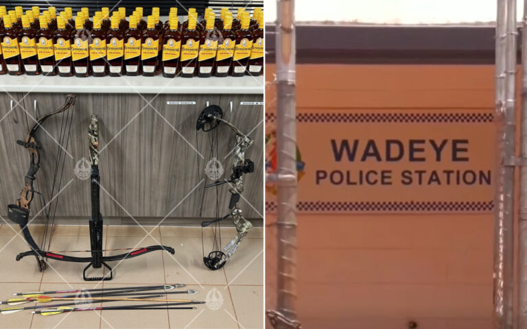 Split image: left side shows bows and arrows on display in a shop; right side shows a Wadeye Police Station sign on an orange wall.