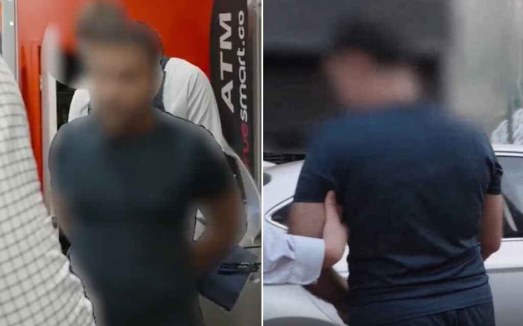Split-screen image of two men with blurred faces: left man in a dark gray T-shirt in a shop; right man in a dark blue T-shirt beside a white car, a hand on his back from another person.